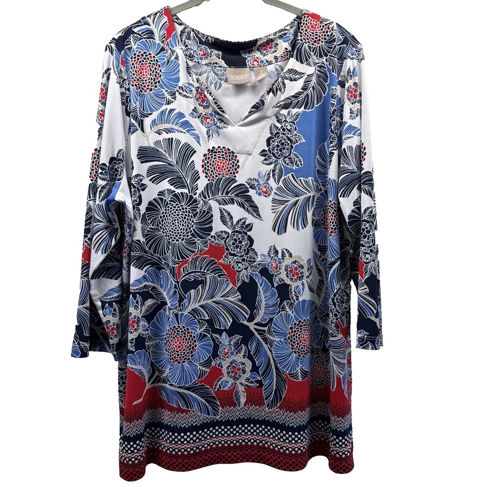 Chicos Women's Tunic Top Sz Large Red Black Blue Tropical Floral V Neck Pullover